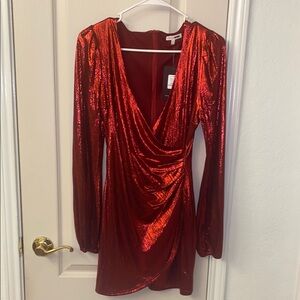Shimmery Zip Up Red Long Sleeve Dress, Great For The Holidays
